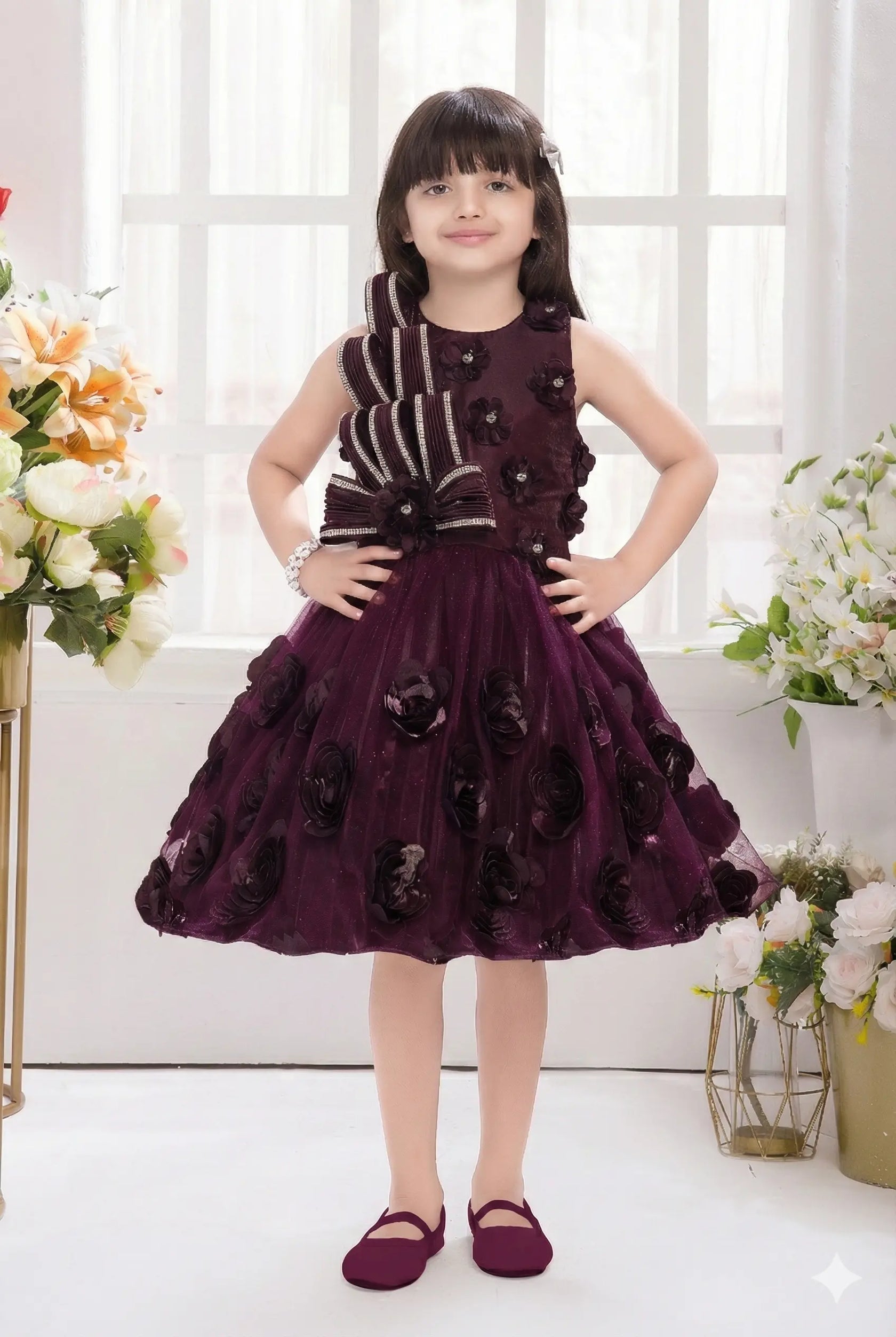 Wine Net Party Dress with 3D Floral Applique and Striped Rhinestone Bodice for Girls
