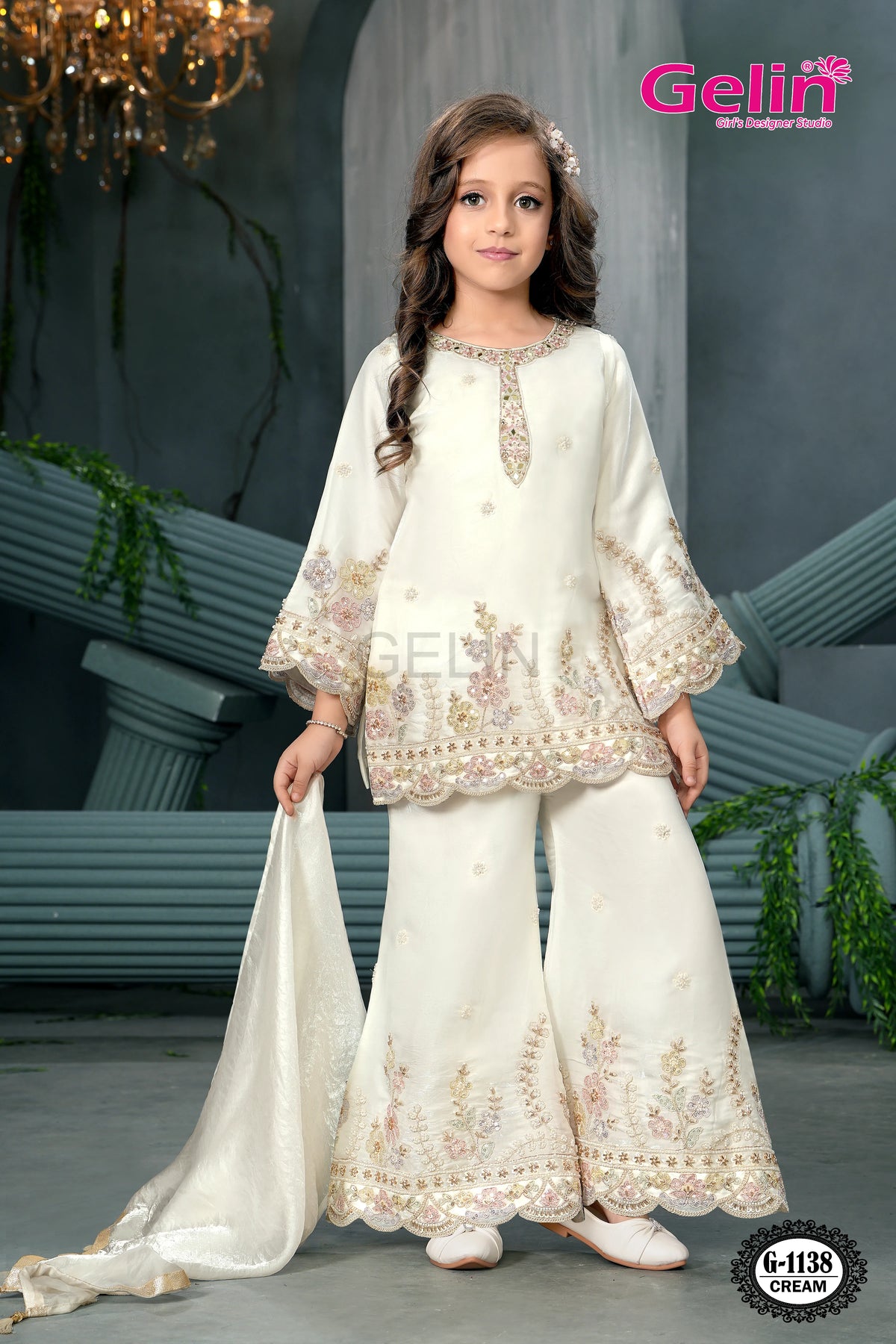Girls Floral Embroidered Top Palazzo Set with Dupatta