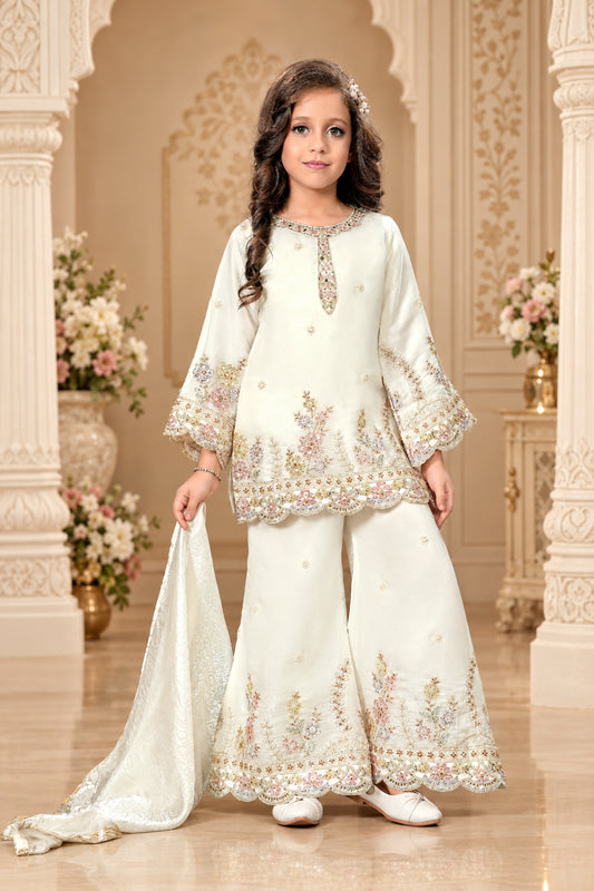 Girls Floral Embroidered Top Palazzo Set with Dupatta