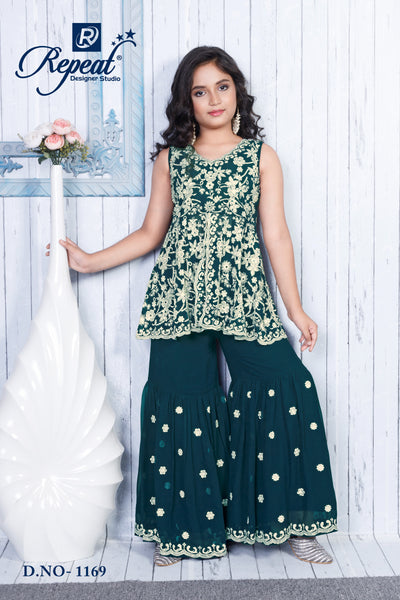 Girls Royal Bloom Embroidered Sharara Set - Blue - Size 20