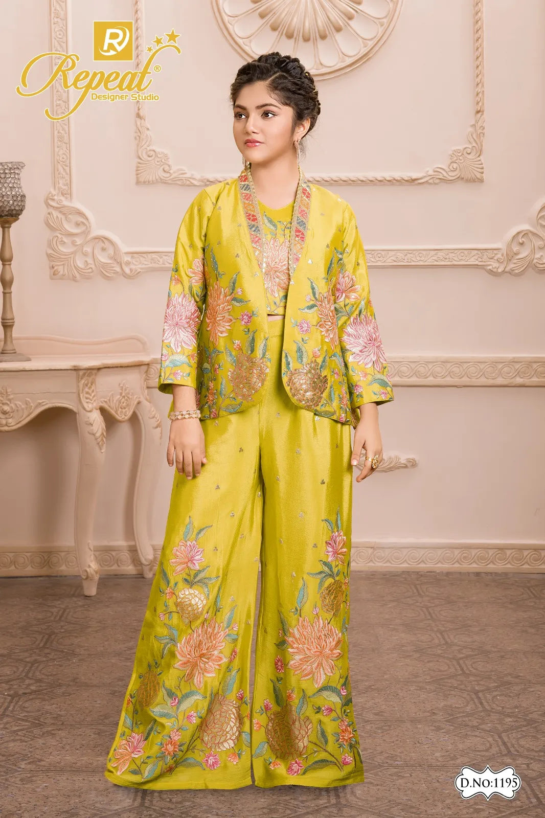 Girls Blooming Floral Jacket Palazzo Set - Yellow - Size 24