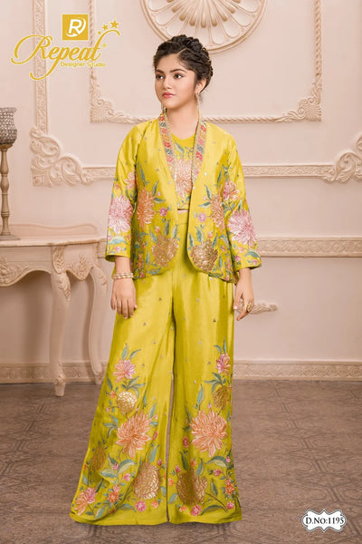 Girls Blooming Floral Jacket Palazzo Set - Yellow - Size 24
