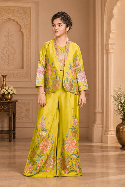 Girls Blooming Floral Jacket Palazzo Set - Yellow - Size 24