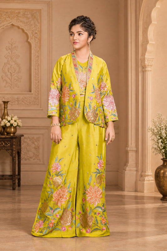Girls Blooming Floral Jacket Palazzo Set - Yellow - Size 24