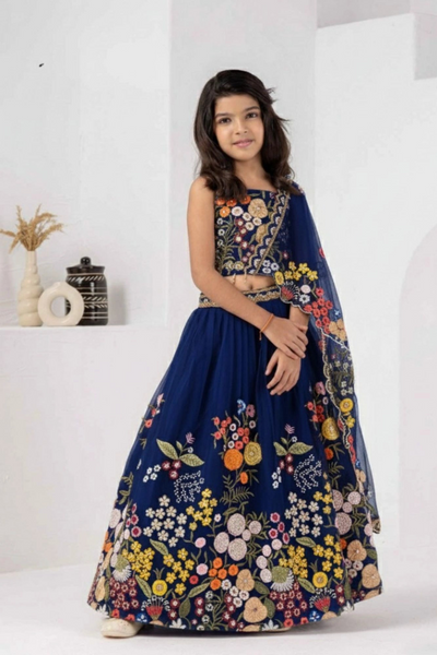 Navy Blue Floral Embroidered Kids Lehenga Choli with Dupatta