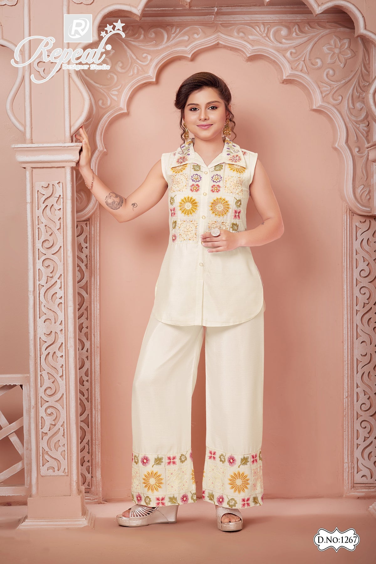 Girls Floral Embroidered Shirt Style Palazzo Set - Cream - Size 30