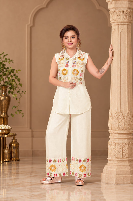 Girls Floral Embroidered Shirt Style Palazzo Set - Cream - Size 30