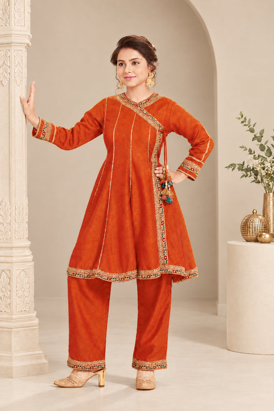 Girls Regal Embroidered Anarkali with Pant - Orange - Size 20