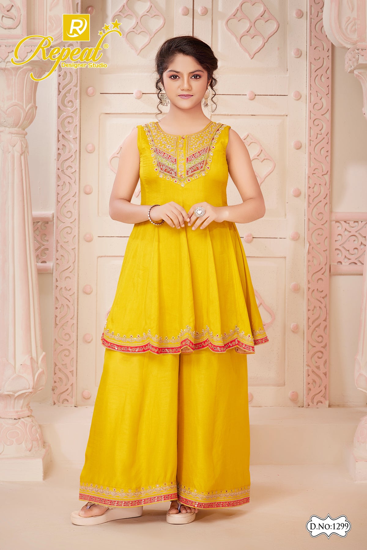 Girls Sunshine Embroidered Flared Palazzo Set - Gold - Size 30