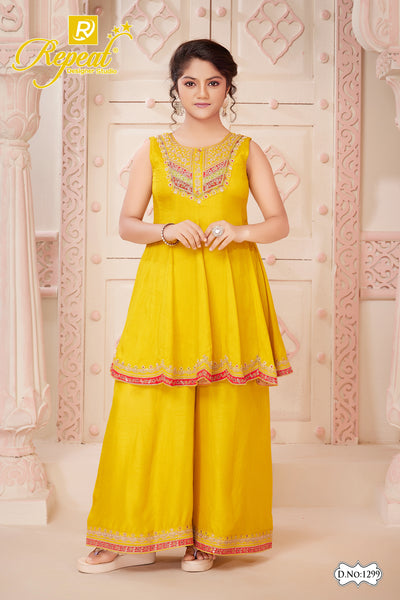 Girls Sunshine Embroidered Flared Palazzo Set - Gold - Size 30