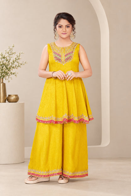 Girls Sunshine Embroidered Flared Palazzo Set - Gold - Size 30