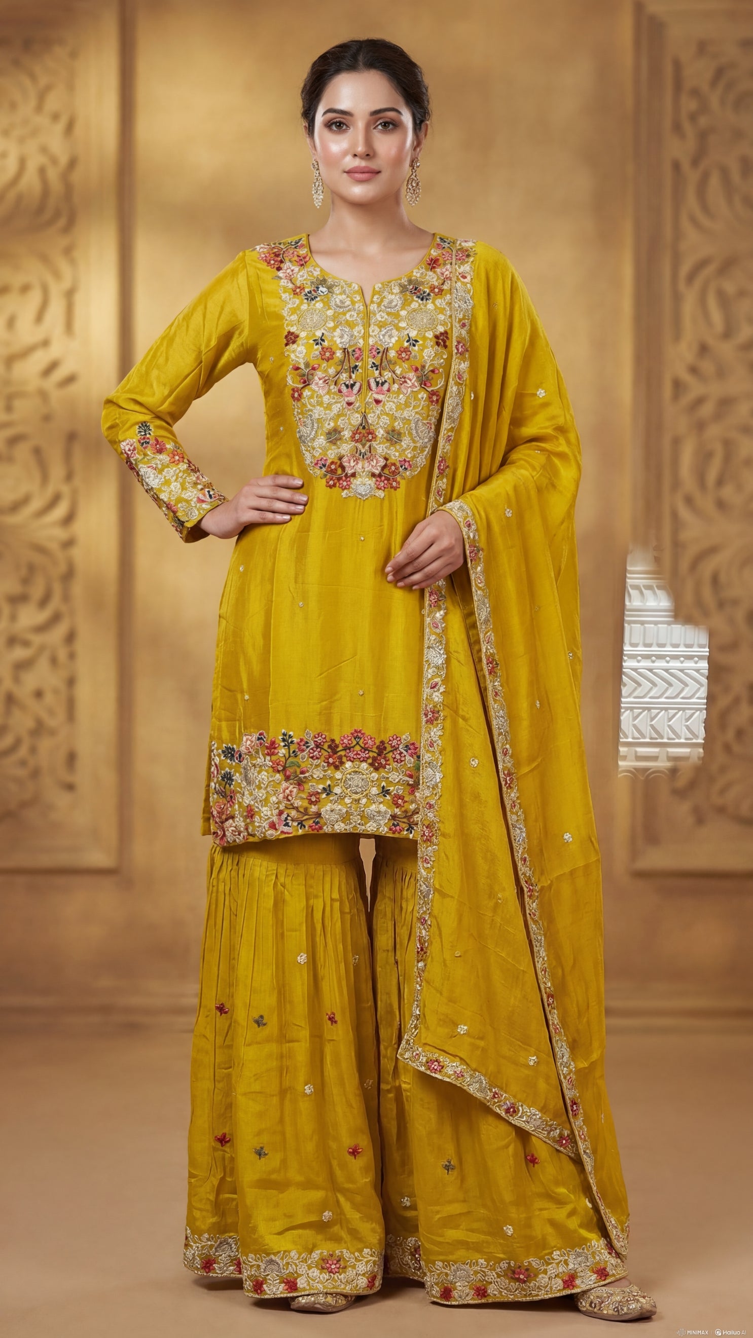 Yellow Floral Embroidered Pure chinnon Gharara Set – Sheetal Collection