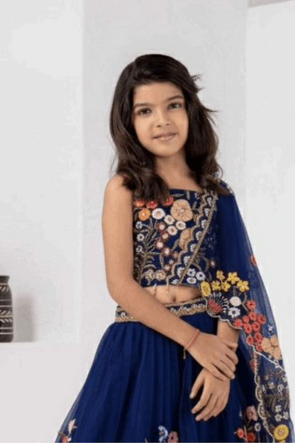 Navy Blue Floral Embroidered Kids Lehenga Choli with Dupatta