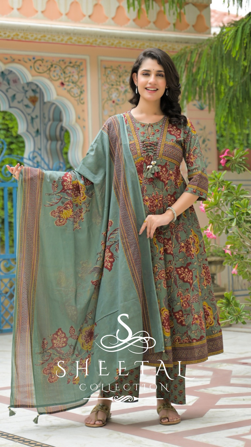 Light Green Floral Cotton 3-Piece Suit Set