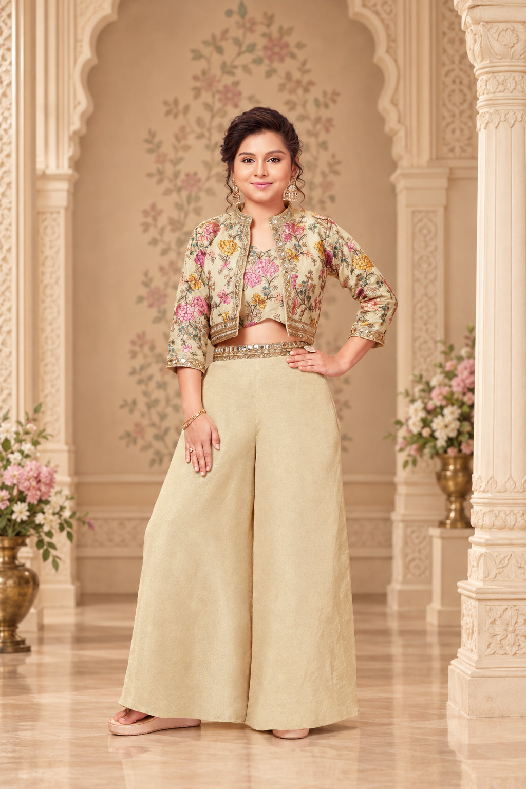 Girls Elegant Floral Embroidered Jacket Palazzo Set