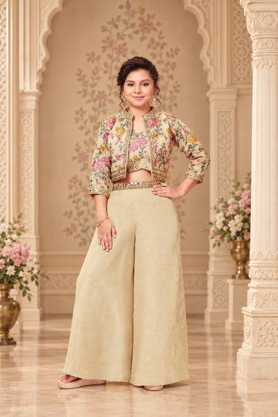 Girls Elegant Floral Embroidered Jacket Palazzo Set