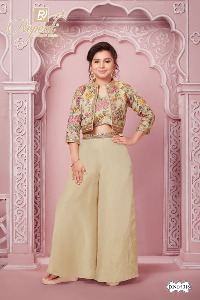 Girls Elegant Floral Embroidered Jacket Palazzo Set - Chikku - Size 26