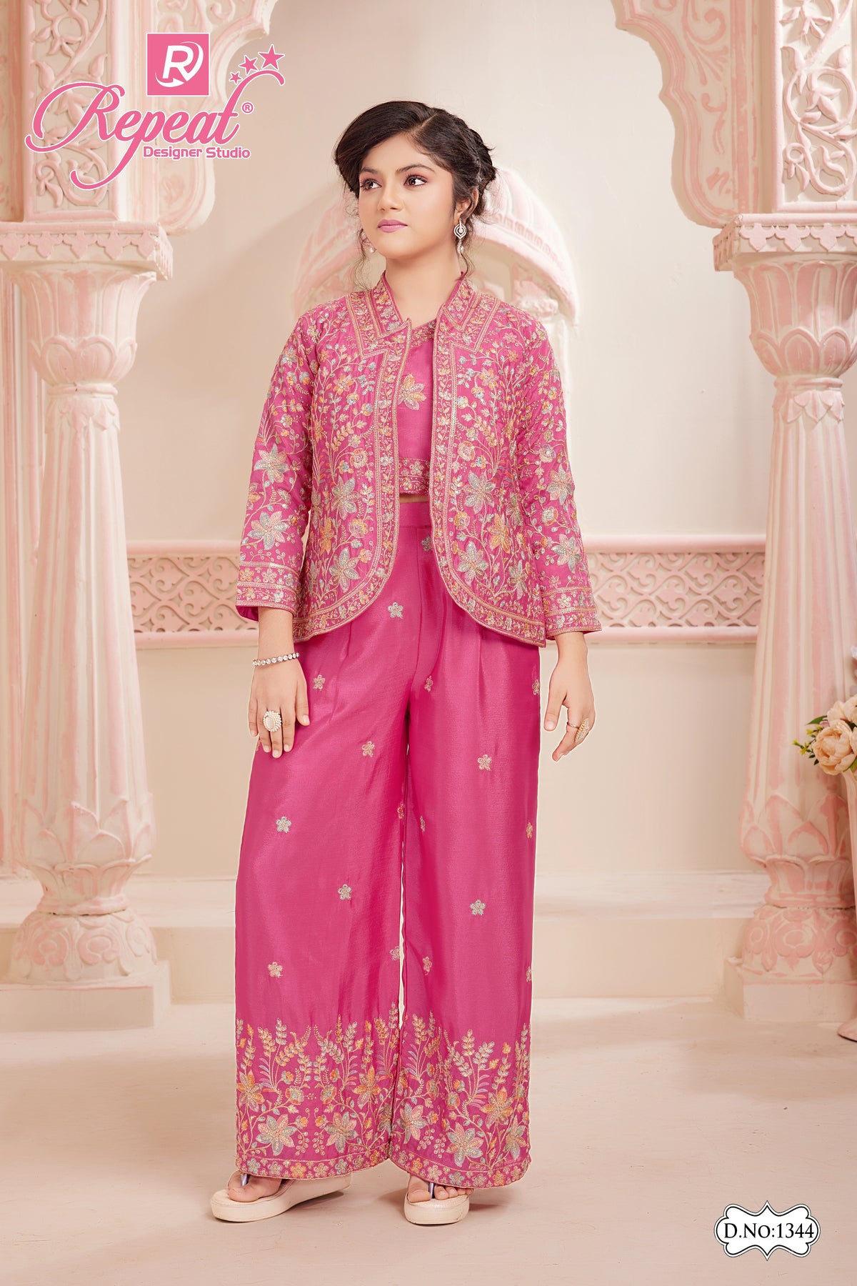 Girls Regal Floral Embroidered Jacket Palazzo Set