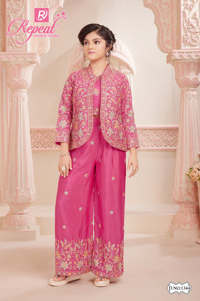 Girls Regal Floral Embroidered Jacket Palazzo Set