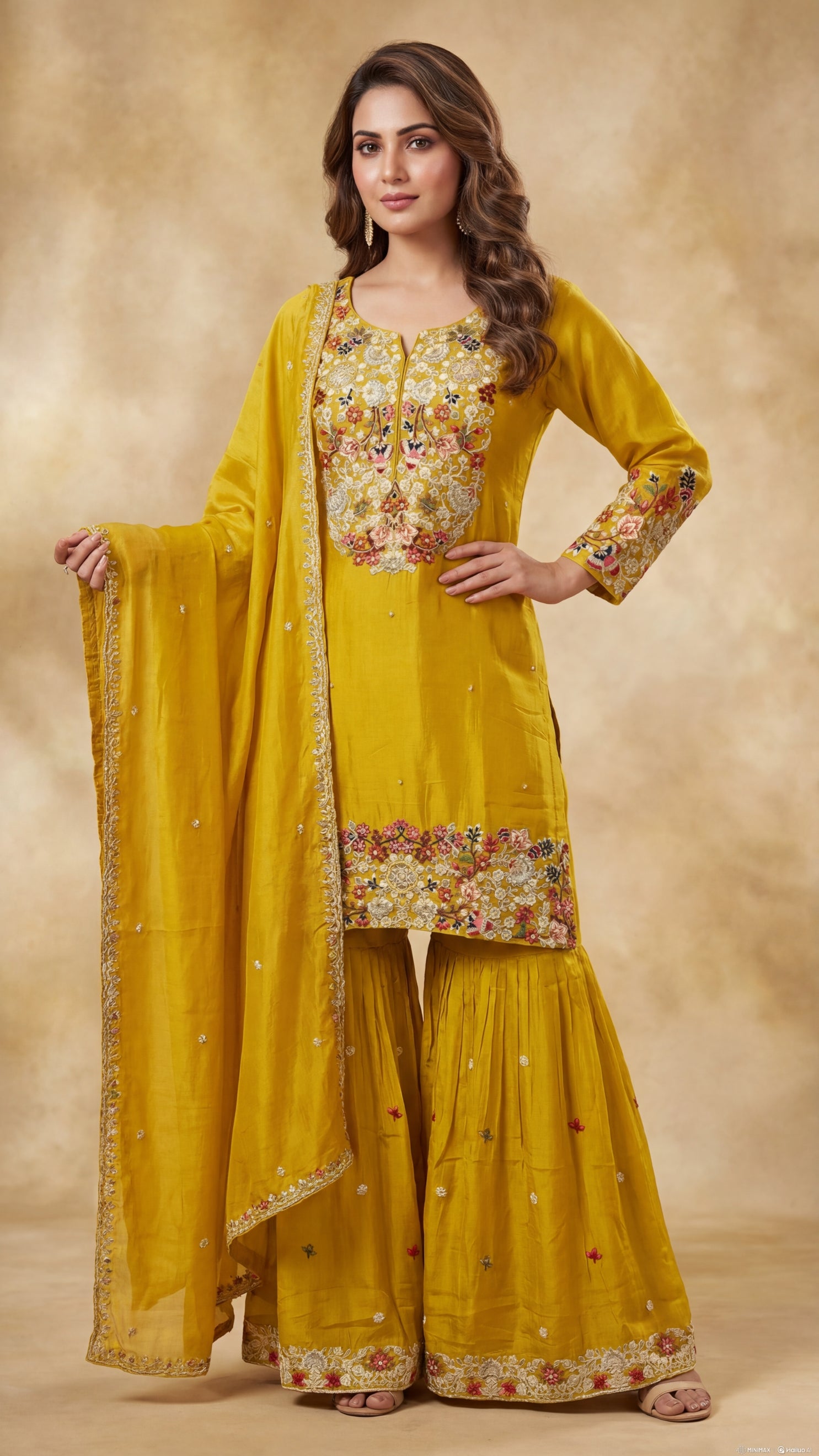 Yellow Floral Embroidered Pure chinnon Gharara Set – Sheetal Collection