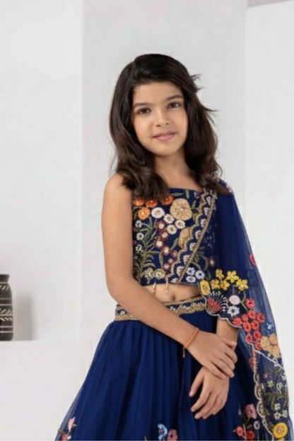 Navy Blue Floral Embroidered Kids Lehenga Choli with Dupatta
