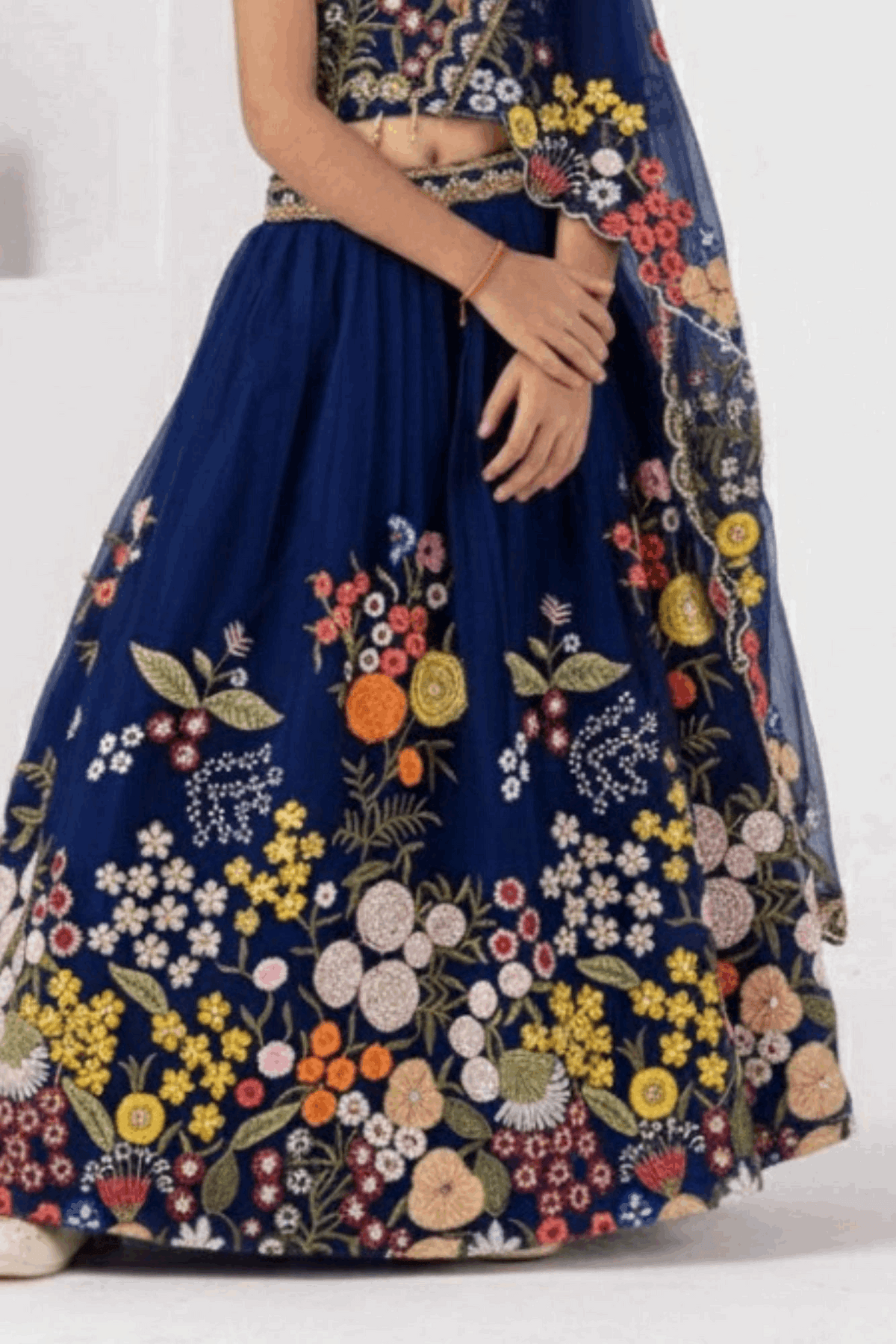 Navy Blue Floral Embroidered Kids Lehenga Choli with Dupatta