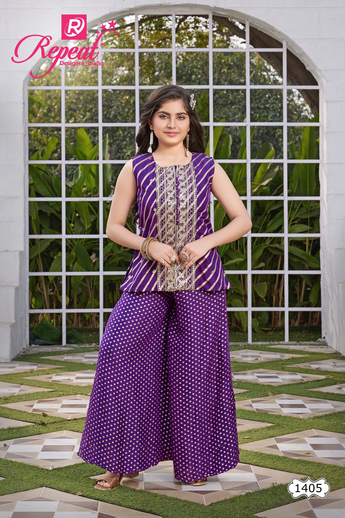Girls Regal Embroidered Peplum Palazzo Set - Purple - Size 22