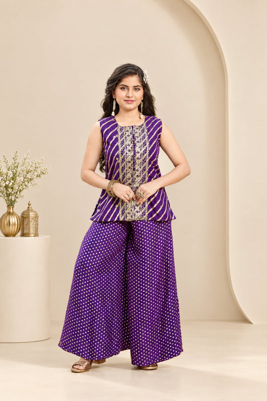 Girls Regal Embroidered Peplum Palazzo Set - Purple 