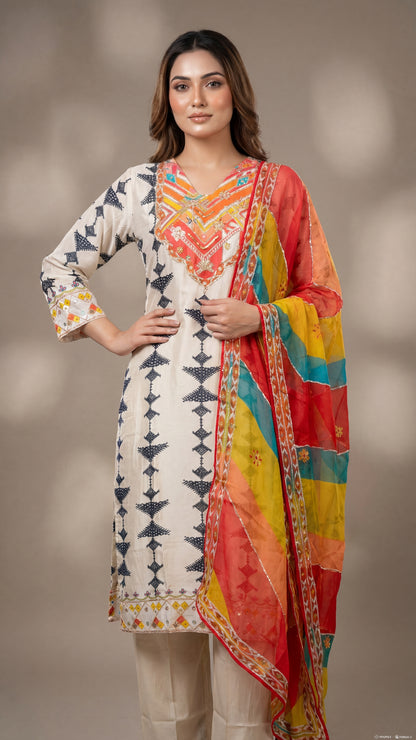 Off-White Block Printed Soft Slick Suit with Multicolor Dupatta – Sheetal Collection