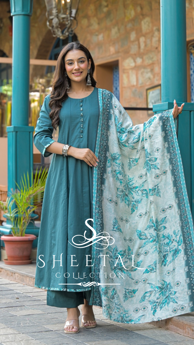 Blue Anarkali Cotton 3-Piece Suit Set