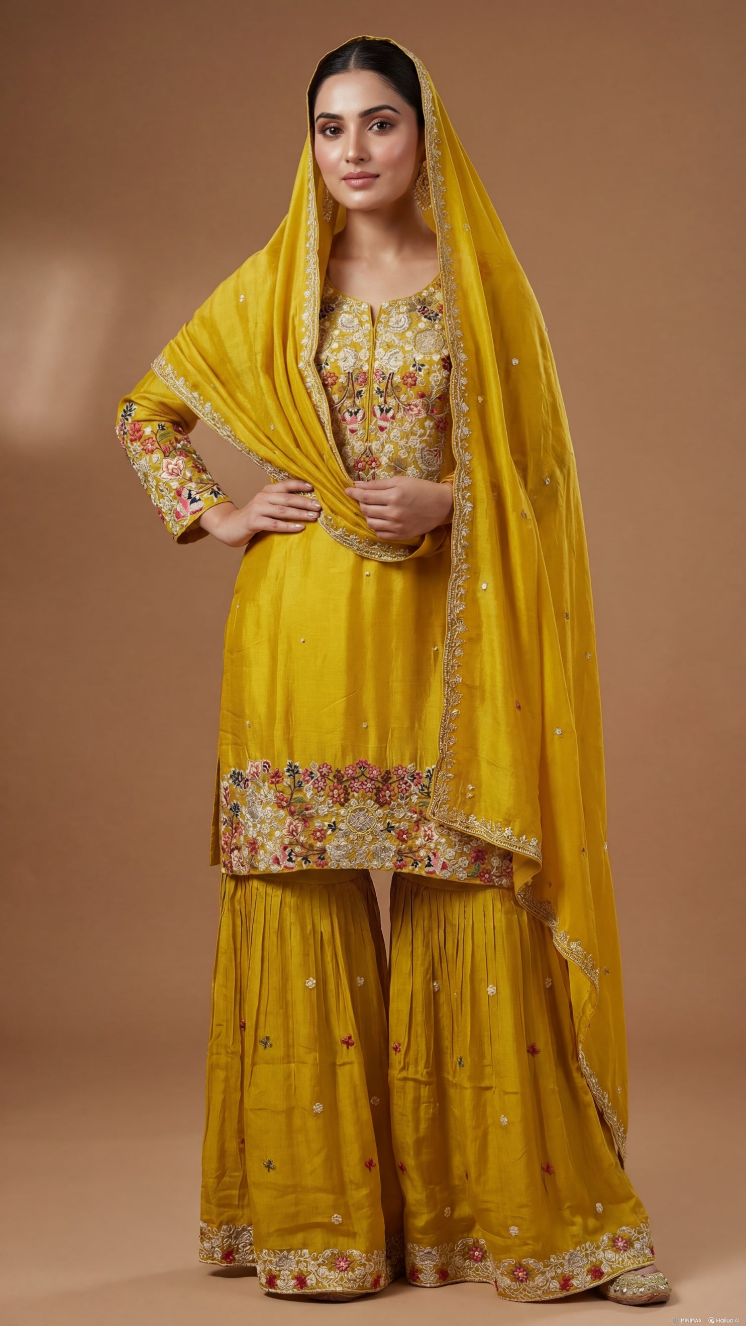 Yellow Floral Embroidered Pure chinnon Gharara Set – Sheetal Collection