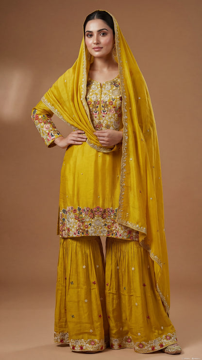 Yellow Floral Embroidered Pure chinnon Gharara Set – Sheetal Collection