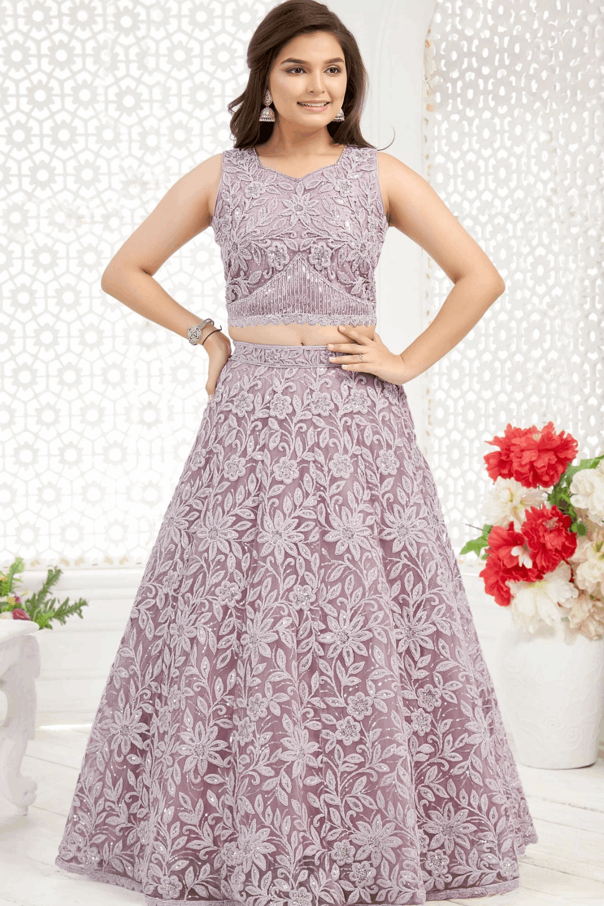 Lavender Purple Silver Embroidered Lehenga Choli Set for Women