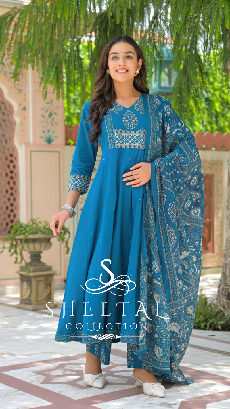 Teal Blue Cotton Printed 3-Piece Suit Set