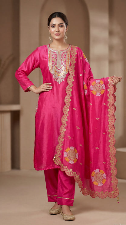 Pink Leheriya Embroidered Soft Slick Silk Sharara Set – Sheetal Collection