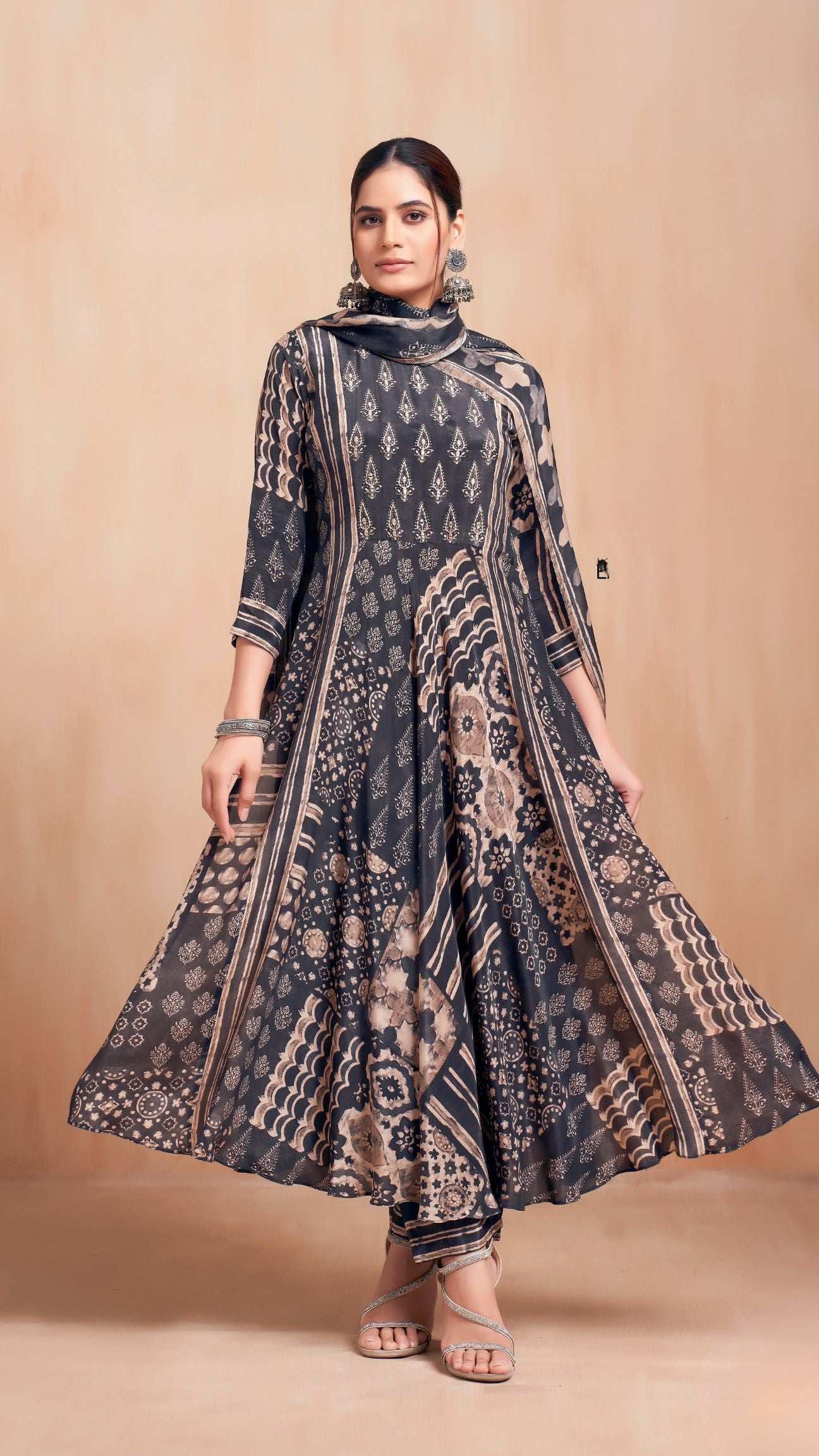 Black Flared Print Kurta Set