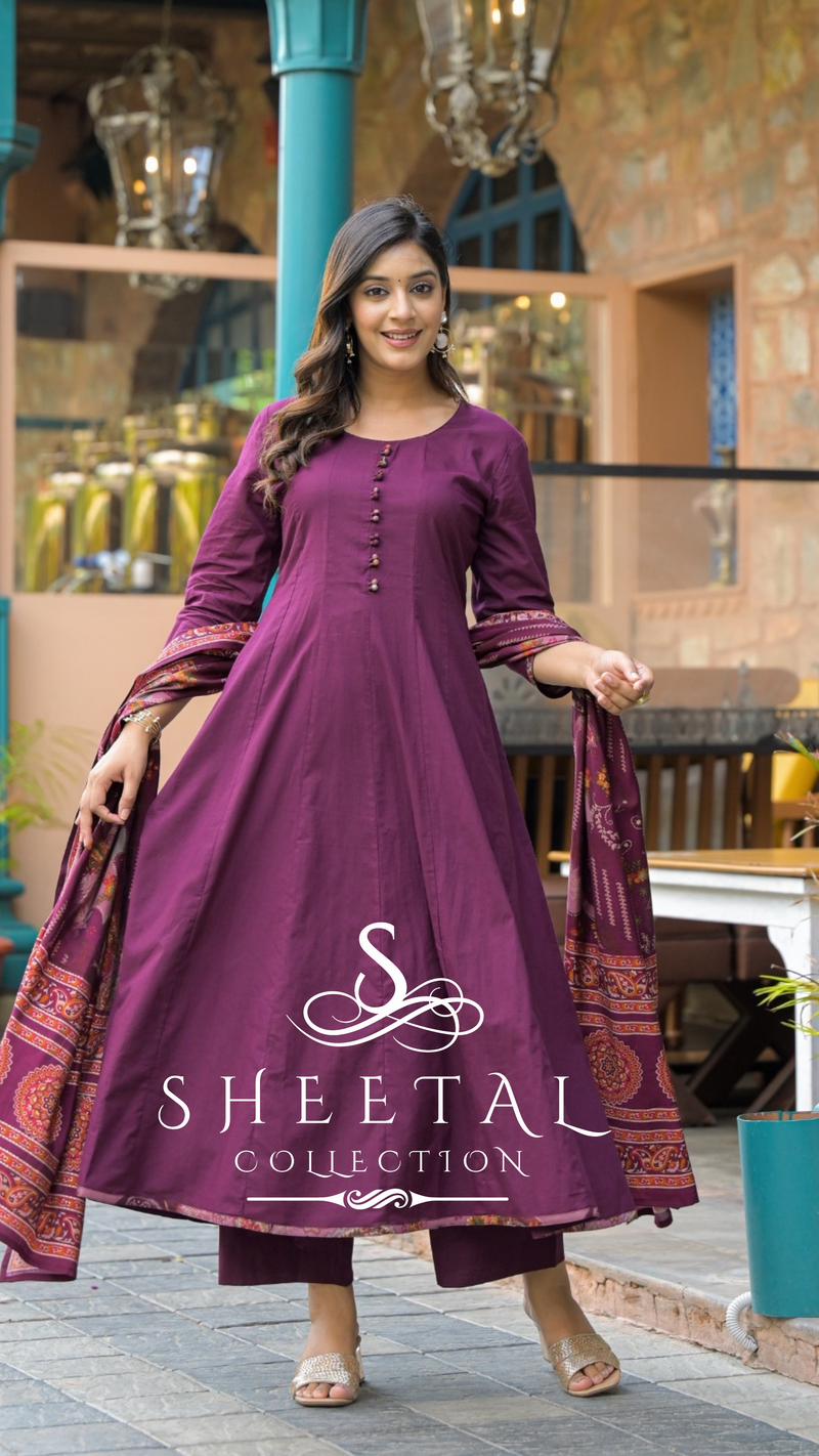 Plum Anarkali Cotton 3-Piece Suit Set