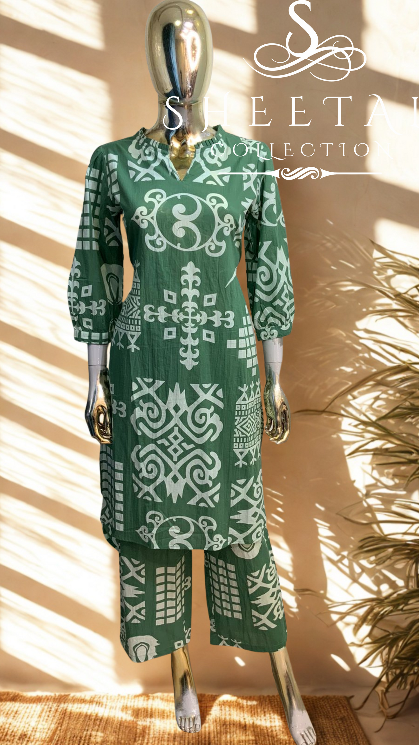 Green White Tribal Print Cotton 2 piece suit