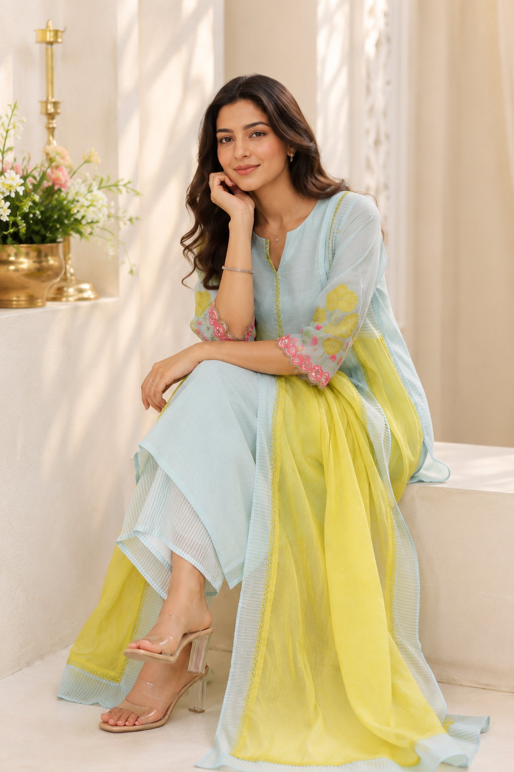 Mint Green With Yellow Cut Work Suit