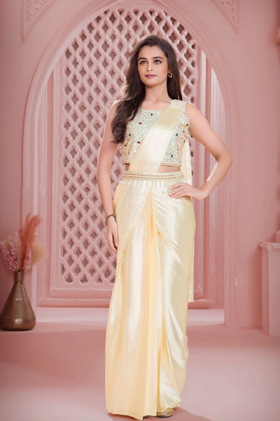 Pastel Yellow Satin Pre-Draped Saree Style Lehenga with Stone Embroidery