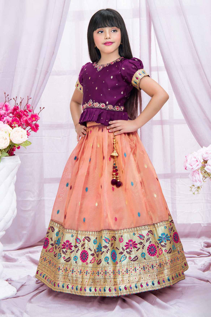 Wine Purple & Peach Kids Lehenga Choli with Golden Embroidery