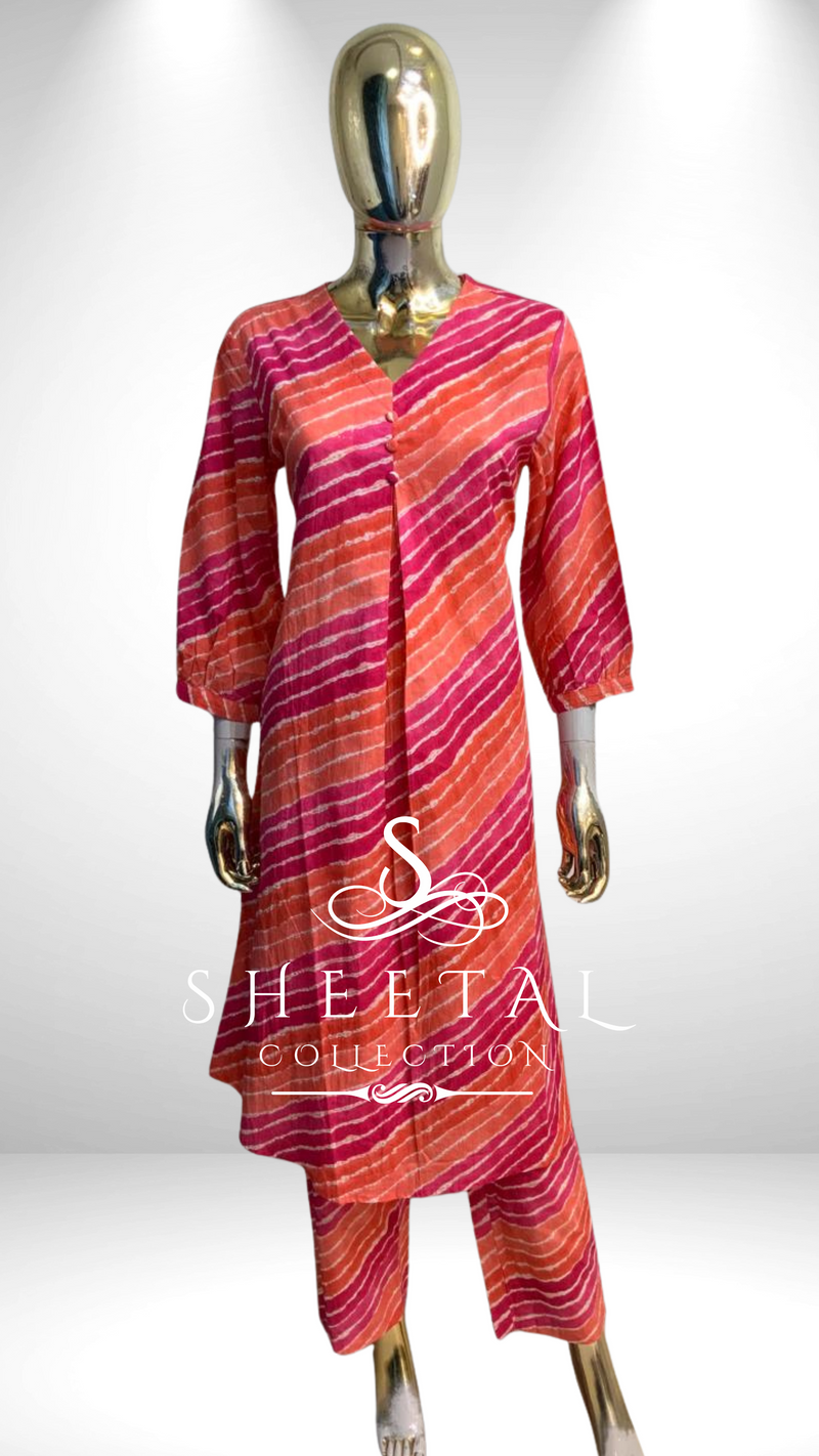 Pink-Orange Striped Cotton 2 piece suit
