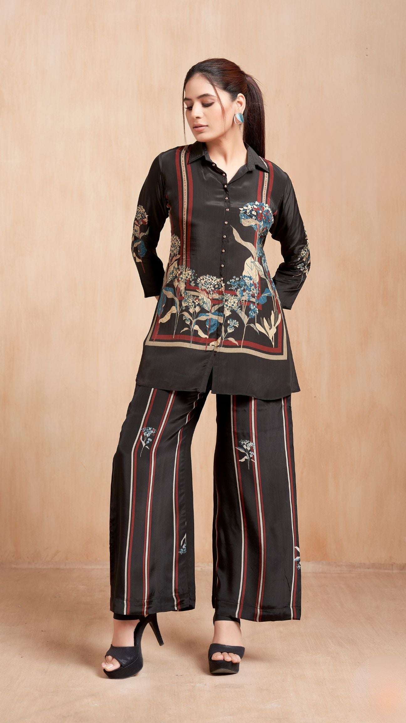 Black Striped Floral Kurta Set