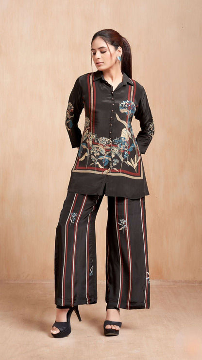 Black Striped Floral Kurta Set