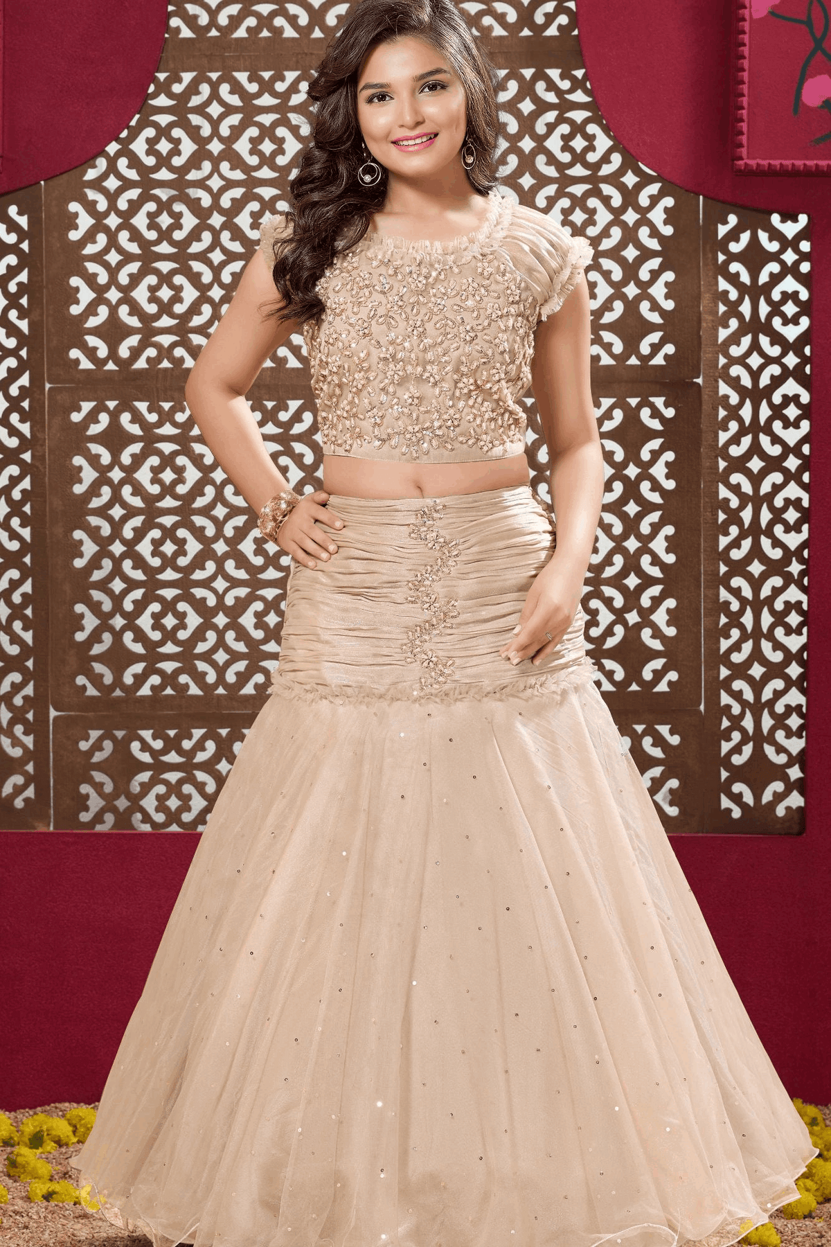 Champagne Gold Mermaid Style Kids Lehenga Choli with Pearl Embroidery