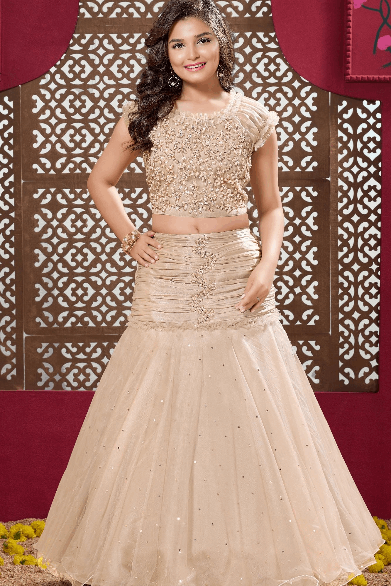 Champagne Gold Mermaid Style Kids Lehenga Choli with Pearl Embroidery