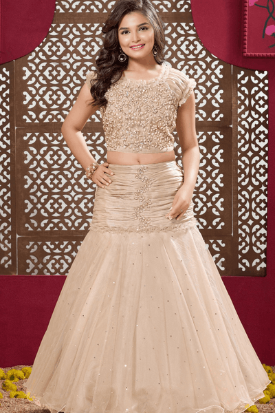 Champagne Gold Mermaid Style Kids Lehenga Choli with Pearl Embroidery