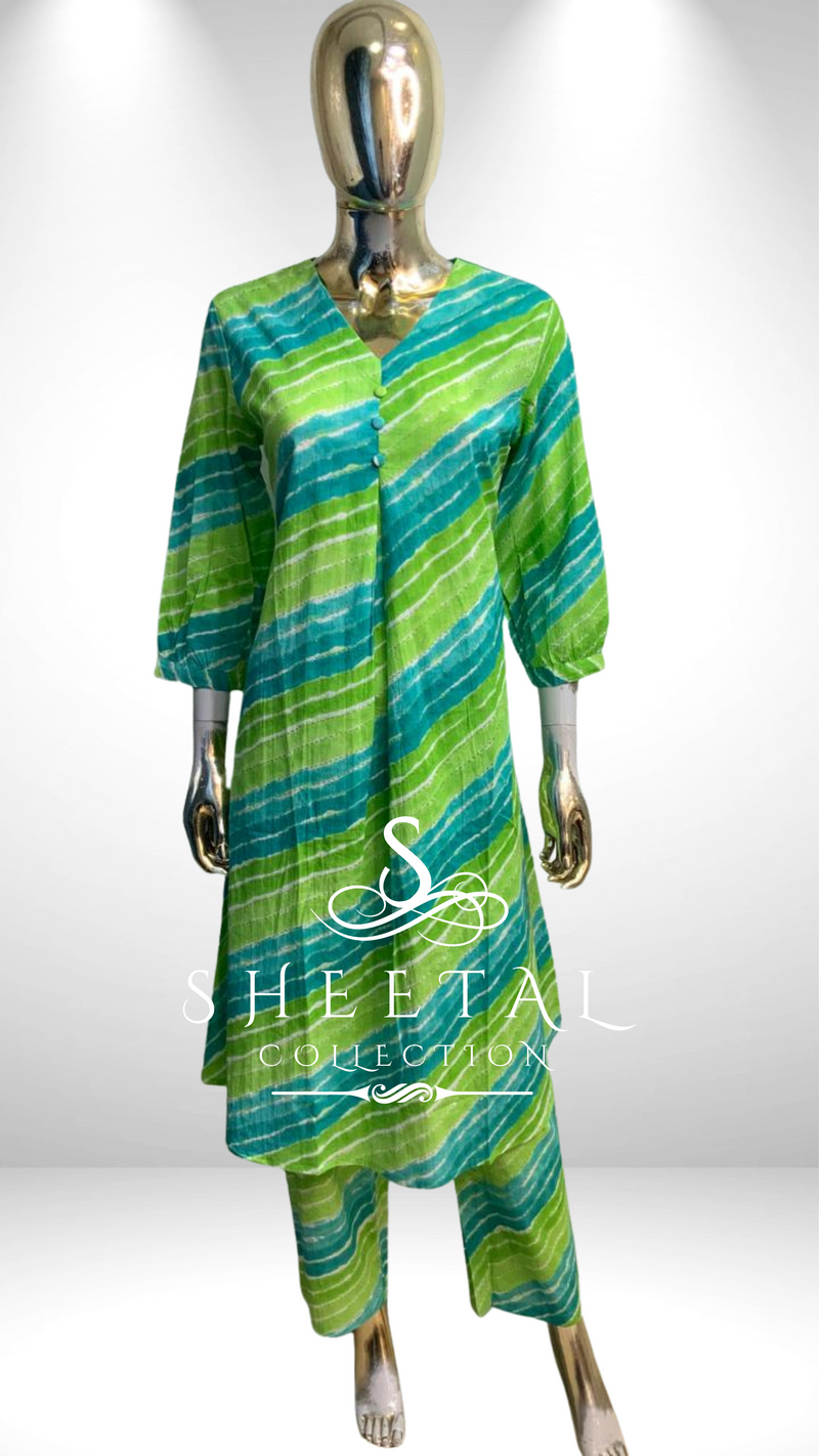 Green-Blue Striped Cotton 2 piece suit Set