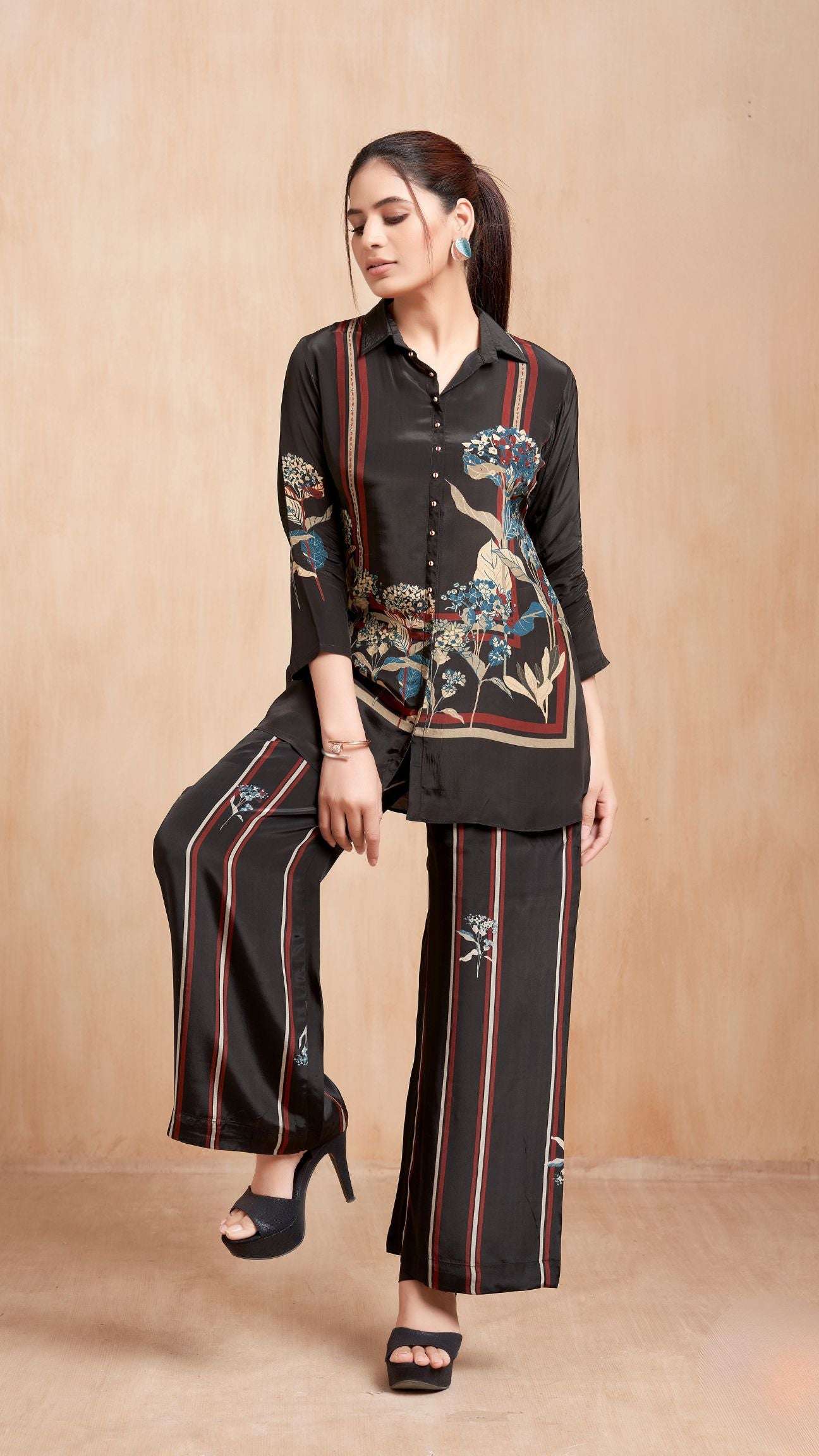 Black Striped Floral Kurta Set