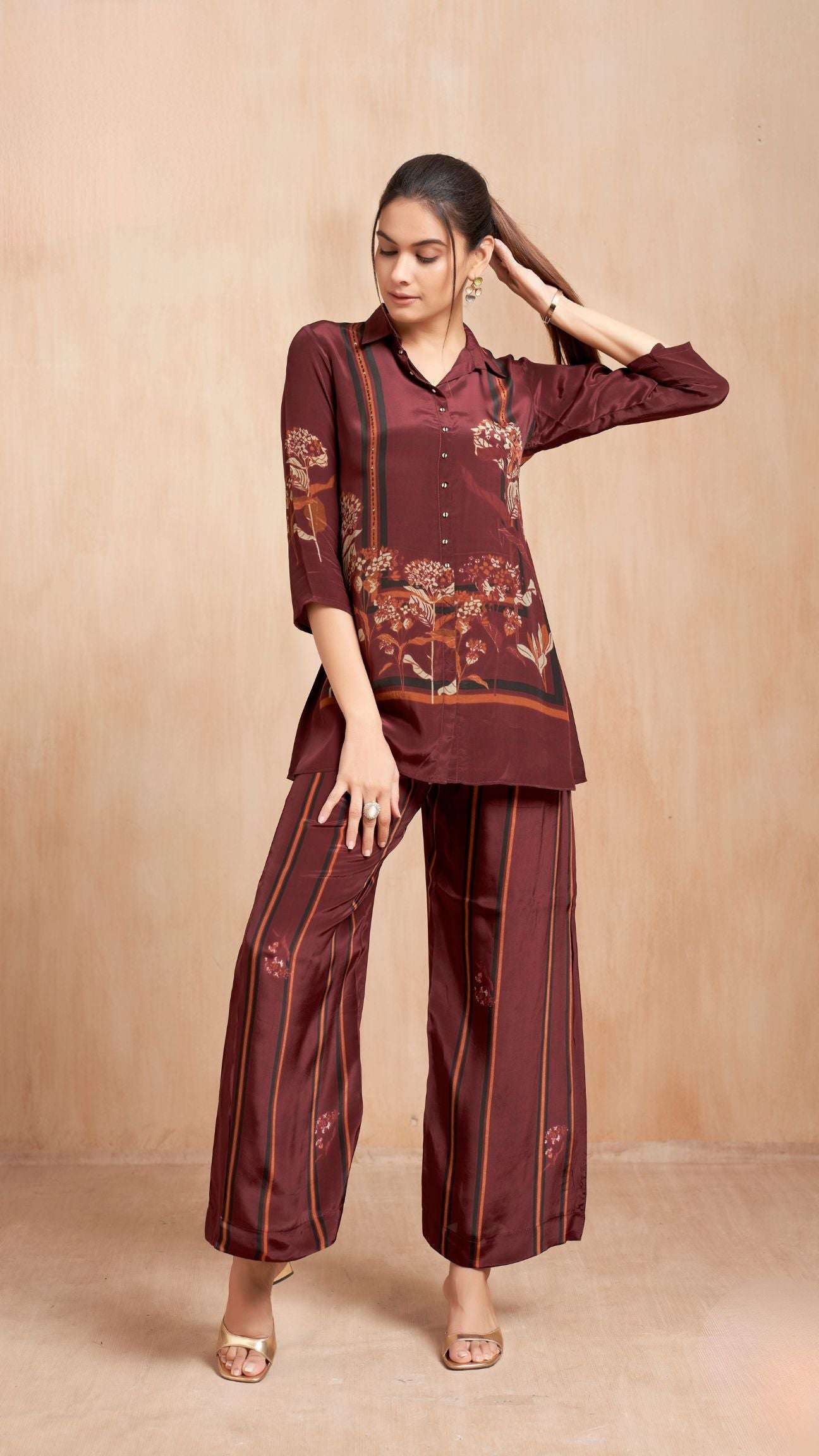 Maroon Striped Floral Kurta Set